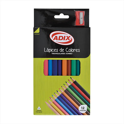 Lápices de Colores Jumbo 12 Unidades Triangulares Adix + Sacapunta