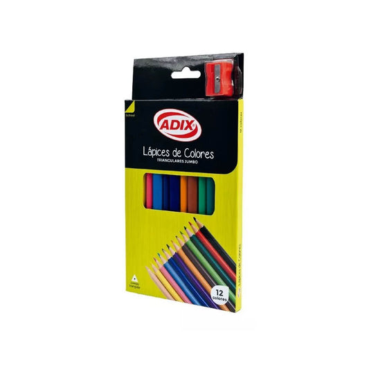 Lápices de Colores Jumbo 12 Unidades Triangulares Adix + Sacapunta