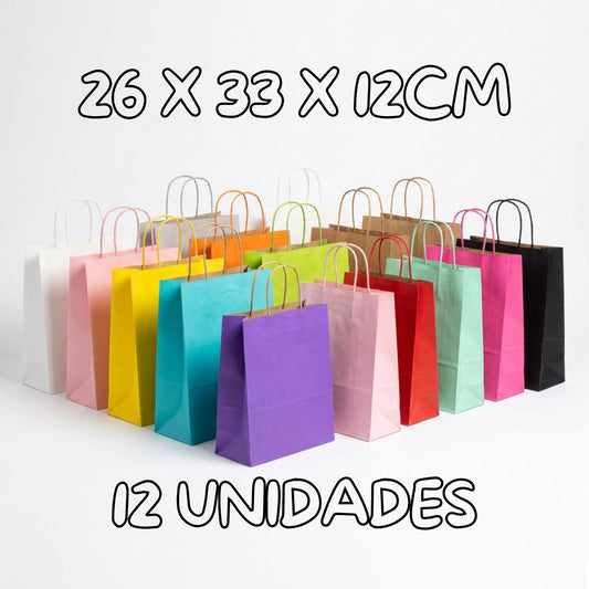 12 Bolsas de Papel Kraft 26x33x12cm con Manilla – Boutique y Cumpleaños