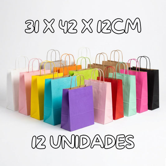 12 Bolsas de Papel Kraft 31x42x12cm con Manilla – Boutique y Cumpleaños