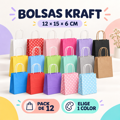 12 Bolsas de Papel Kraft 12x15x6cm con Manilla – Boutique y Cumpleaños